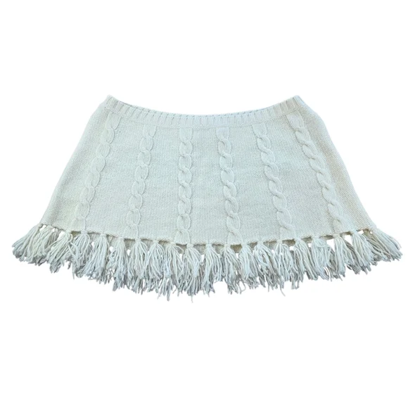 Y2K '04 Old Navy Lambswool Cable Knit Fringe Scarf & Mini Skirt Set S/M Cream - Picture 2 of 13